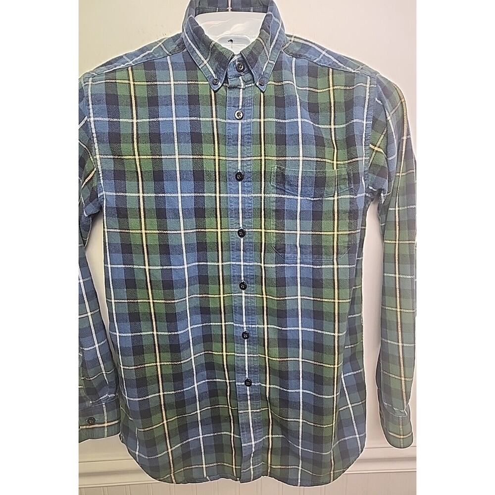 L.L. BEAN Men's Small L/S Cotton Flannel Button Down Shirt Blue Green Plaid